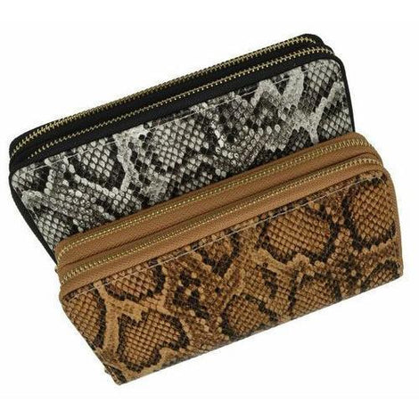 Double Zip Around Snake Print Wristlet Wallet